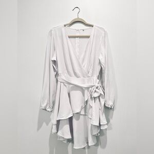 White Flowy Long Sleeve Faux Wrap Dress with Layered Skirt